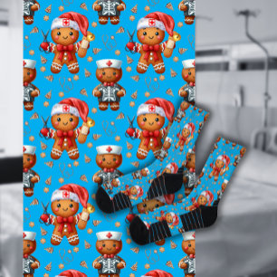 Blue Christmas Nurse Whimsical Gingerbread Man Socks
