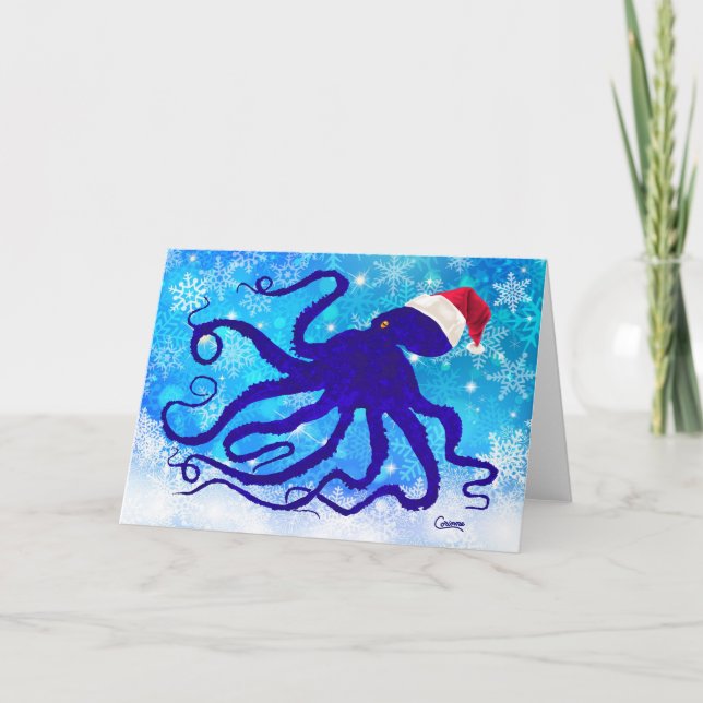 Blue Christmas Octopus - 7" x 5" Card (Front)