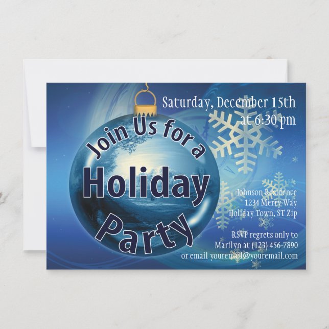 Blue Christmas Ornament Holiday Party Invitations (Front)
