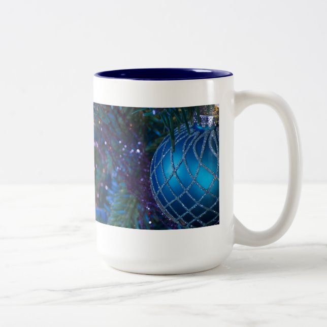 Blue Christmas Ornament Two-Tone Coffee Mug (Right)