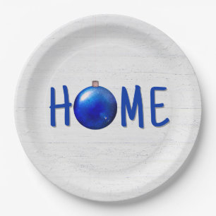 Blue Christmas Ornament With Home Text Paper Plate