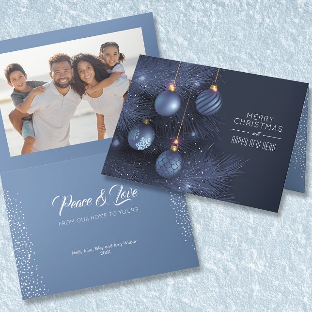 Blue Christmas Ornaments 1 Photo Folded Holiday Card (Creator Uploaded)