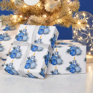 Blue Christmas Ornaments and Candle Wrapping Paper