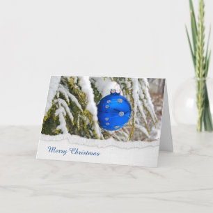Blue Christmas ornaments in snow Holiday Card