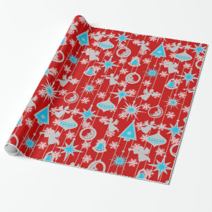 Blue Christmas Ornaments Red Wrapping Paper
