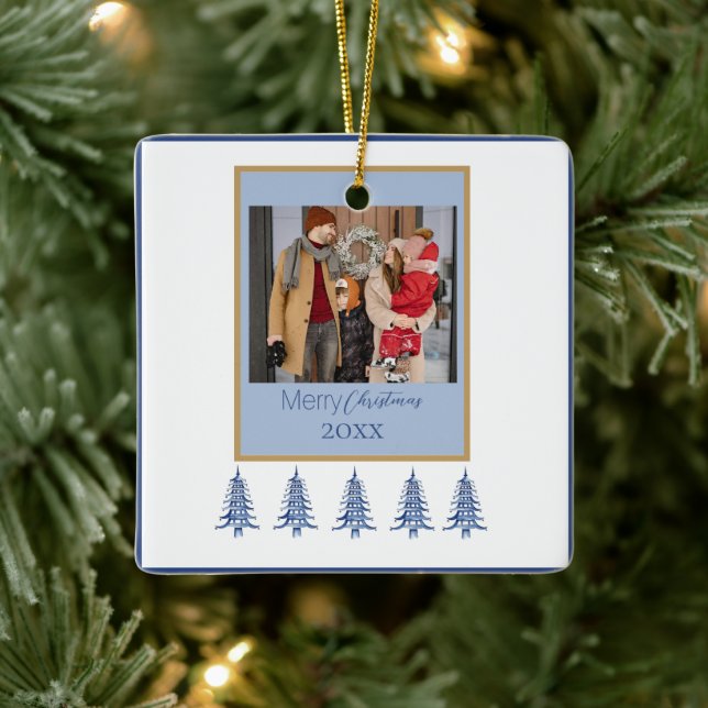  Blue Christmas Pagoda Trees 1-Photo Frame  Ceramic Ornament (Tree)