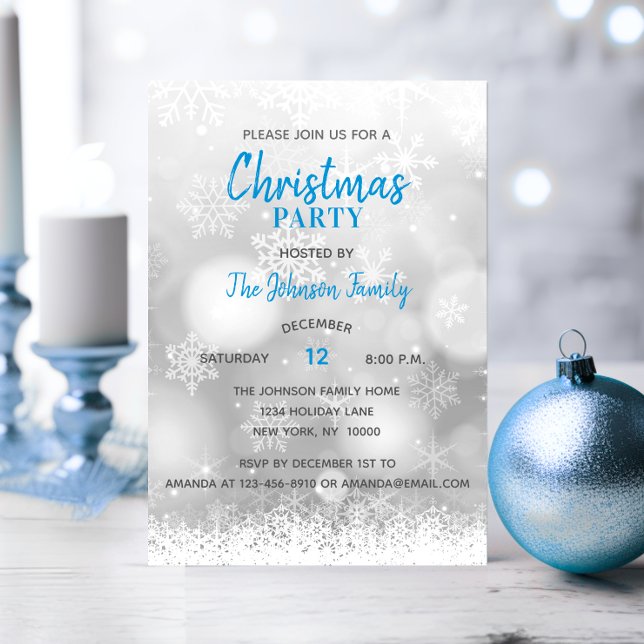 Blue CHRISTMAS PARTY Silver Snowflake Snow Invitation (Blue CHRISTMAS PARTY Silver Snowflake Snow Invitation)