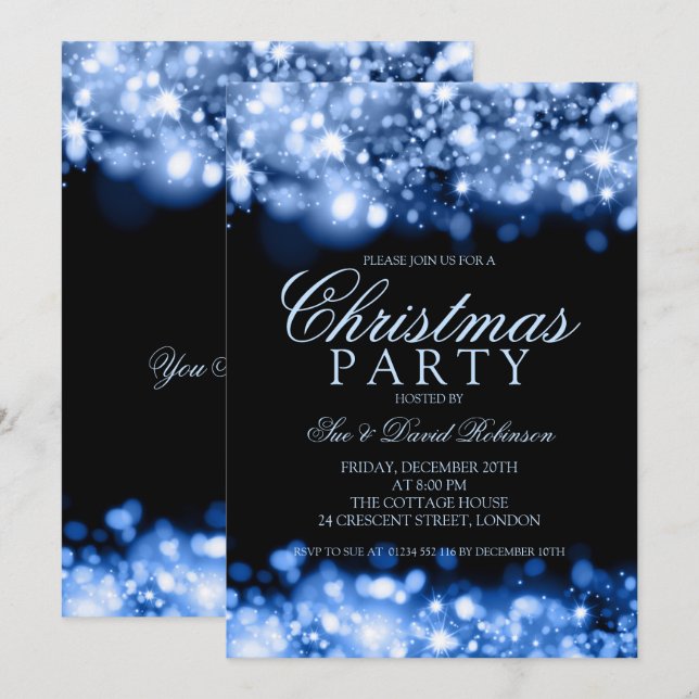Blue Christmas Party Sparkling Lights Invitation (Front/Back)