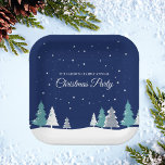 Blue Christmas Party Winter Trees Custom Dessert Paper Plate<br><div class="desc">Beautiful midnight blue sky with Christmas fir trees decorate this pretty,  custom Christmas party paper plate for desserts. Snow lines the lovely forest and white snowflakes sprinkle down in the night air. Personalise this pretty decor for a holiday gathering.</div>