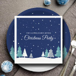 Blue Christmas Party Winter Trees Snow Party Napkin<br><div class="desc">Beautiful midnight blue sky with Christmas fir trees decorate this pretty,  custom Christmas party paper napkin for a family dinner. Snow lines the lovely forest and white snowflakes sprinkle down in the night air. Personalise this pretty decor for a holiday gathering.</div>