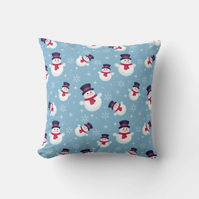 Blue Christmas Pattern With Snowmen And Snowflakes Cushion (Front)