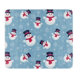Blue Christmas Pattern With Snowmen And Snowflakes Cutting Board