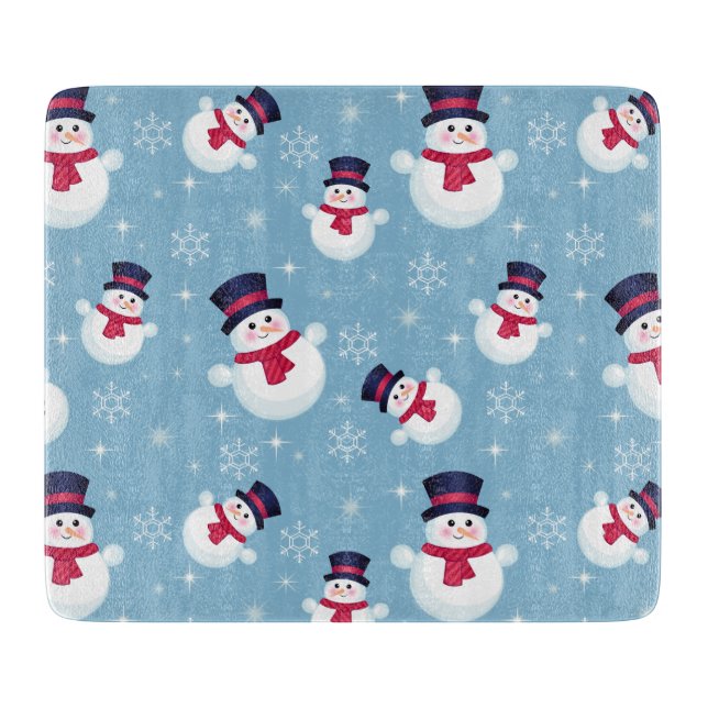 Blue Christmas Pattern With Snowmen And Snowflakes Cutting Board (Front)