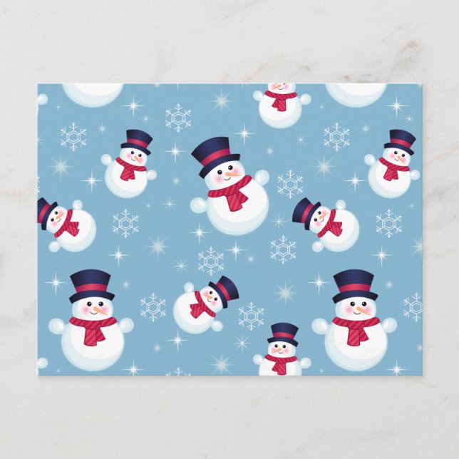 Blue Christmas Pattern With Snowmen And Snowflakes Holiday Postcard (Front)