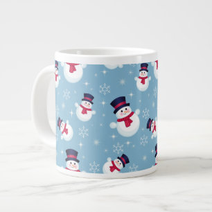 Blue Christmas Pattern With Snowmen And Snowflakes Large Coffee Mug