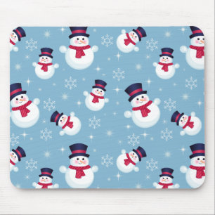 Blue Christmas Pattern With Snowmen And Snowflakes Mouse Mat