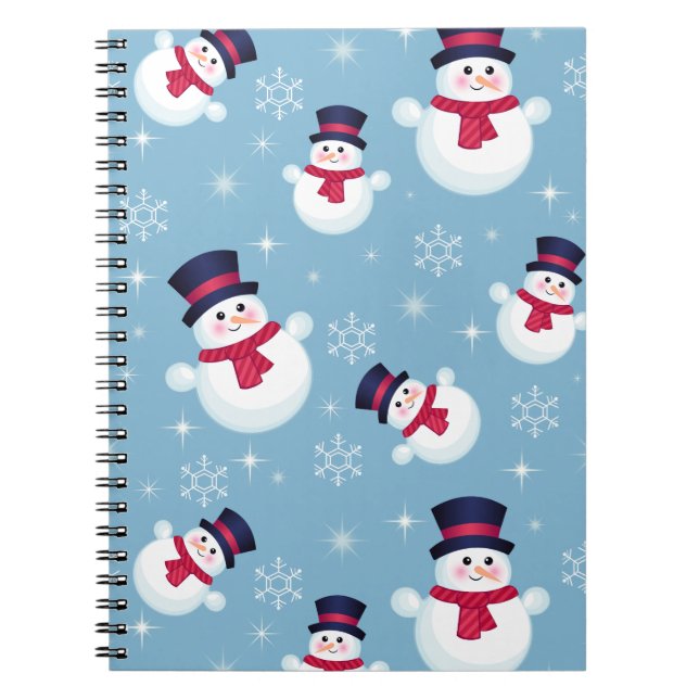 Blue Christmas Pattern With Snowmen And Snowflakes Notebook (Front)