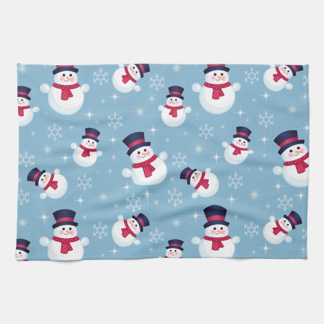 Blue Christmas Pattern With Snowmen And Snowflakes Tea Towel (Horizontal)