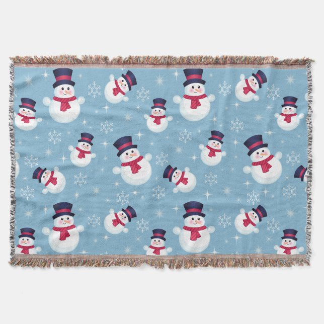 Blue Christmas Pattern With Snowmen And Snowflakes Throw Blanket (Front)
