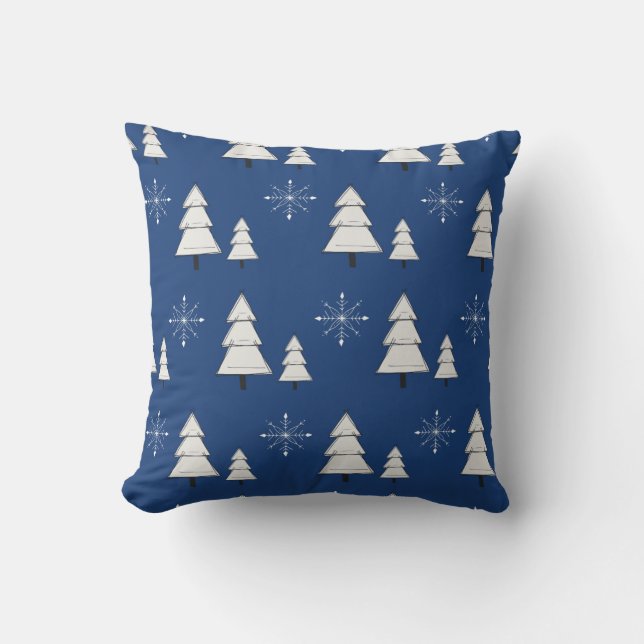 Blue Christmas pillow with pines and snowflakes (Front)