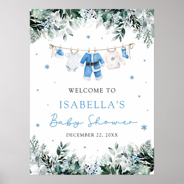 Blue Christmas Santa Baby Baby Shower Welcome Sign (Front)