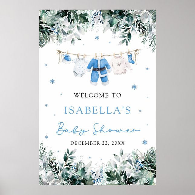 Blue Christmas Santa Baby Baby Shower Welcome Sign (Front)