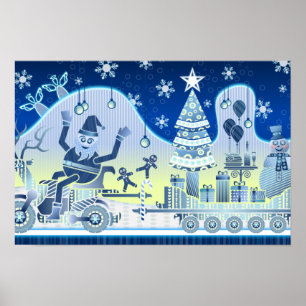 Blue Christmas Santa Claus Snowman Poster Tree