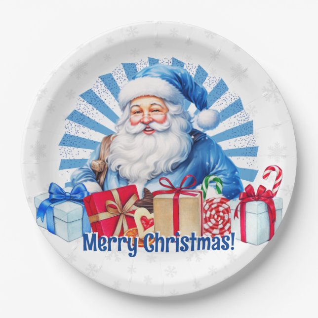 Blue Christmas Santa Vintage Merry Christmas Paper Plate (Front)