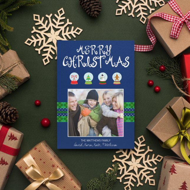 Blue Christmas Snow Globes Holiday Photocard Card (Creator Uploaded)