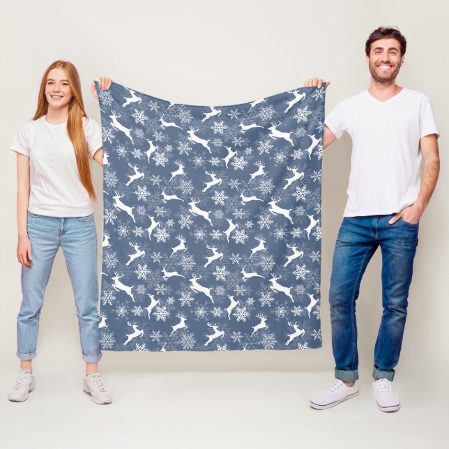 Blue Christmas snowflakes deer pattern Fleece Blanket (In Situ)