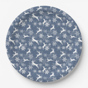 Blue Christmas snowflakes deer pattern Paper Plate
