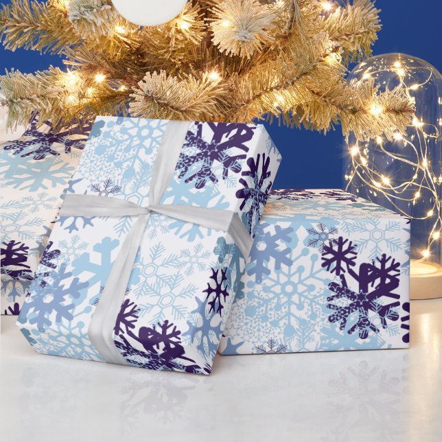 Blue Christmas Snowflakes Indigo Snowy White Wrapping Paper (Holidays)