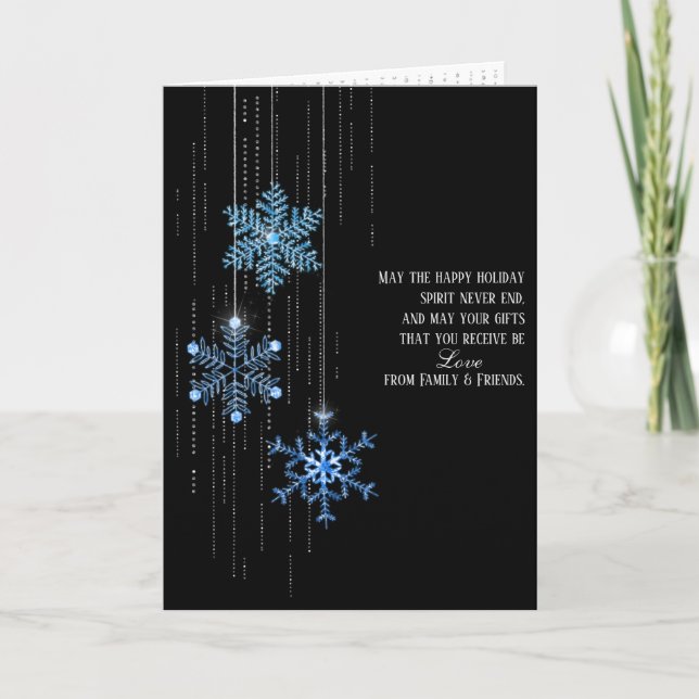 blue Christmas snowflakes on black Holiday Card (Front)