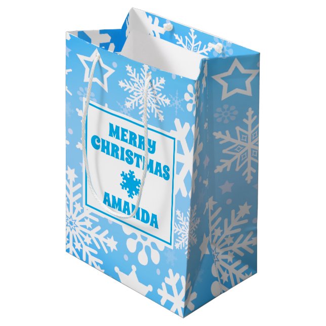 Blue Christmas Snowflakes Personalised Kids Medium Gift Bag (Front Angled)