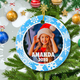Blue Christmas Snowflakes Personalized Kids Photo Ceramic Tree Decoration