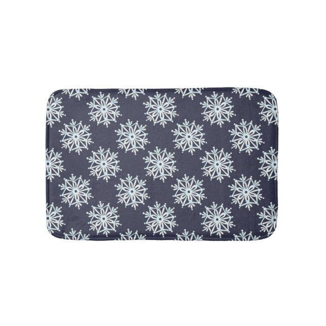 Blue Christmas Snowflakes, Winter Blizzard Pattern Bath Mat (Front)