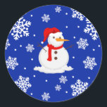 Blue christmas Snowman Snowflakes Classic Round Sticker<br><div class="desc">Beautiful and Cute Christmas sticker. This sticker is inspired by Xmas eve,  Do you like snowflakes,  snowmen,  and blue colours?  this sticker is for you!</div>