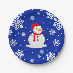 Blue christmas Snowman Snowflakes Paper Plate