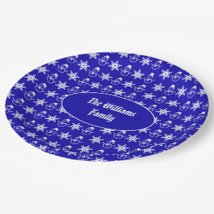 Blue Christmas Snowman Snowflakes Pattern Modern Paper Plate