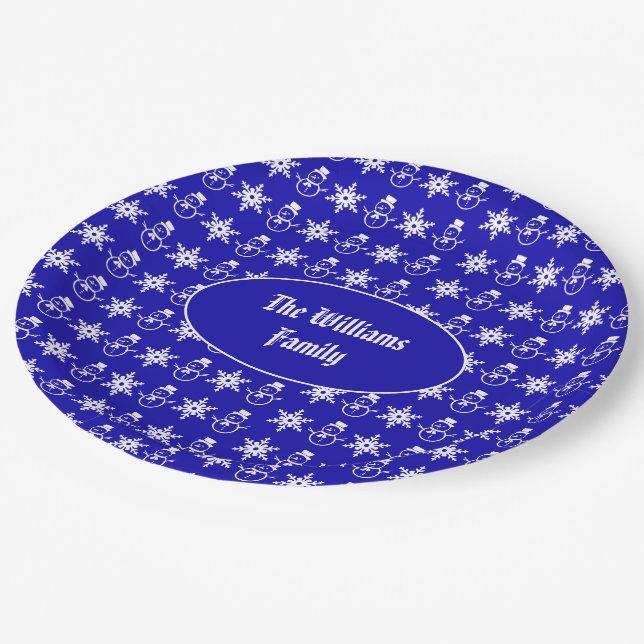 Blue Christmas Snowman Snowflakes Pattern Modern Paper Plate (Angled)