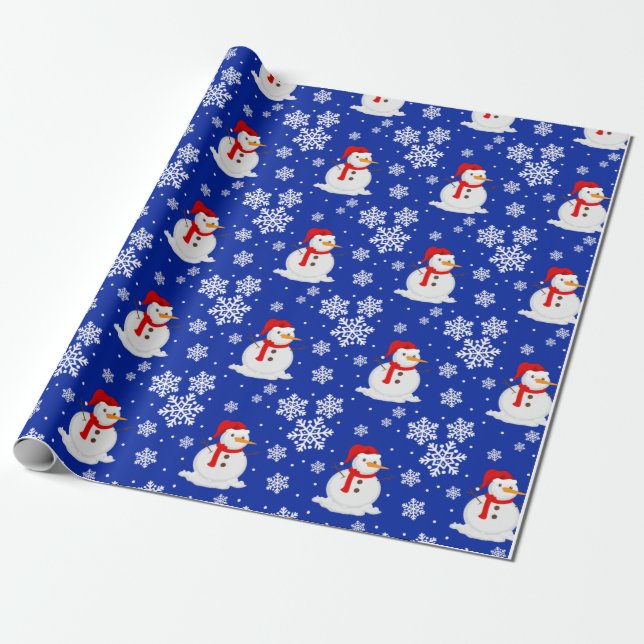 Blue christmas Snowman Snowflakes Wrapping Paper (Unrolled)