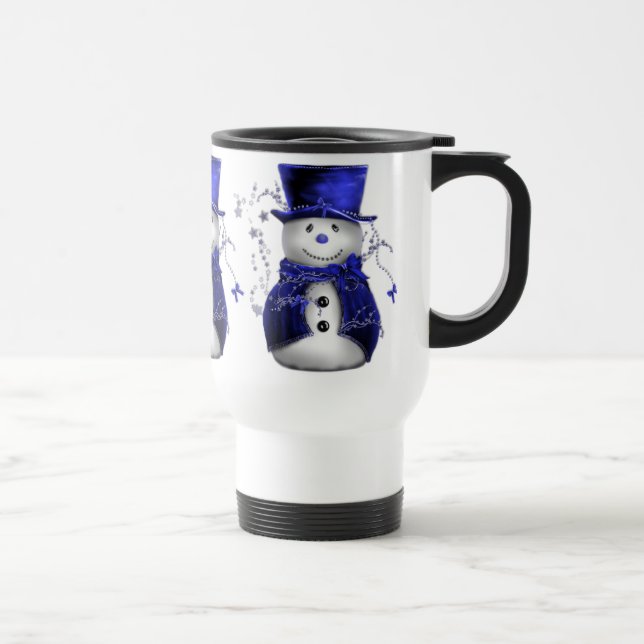 Blue Christmas Snowman Travel Mug (Right)