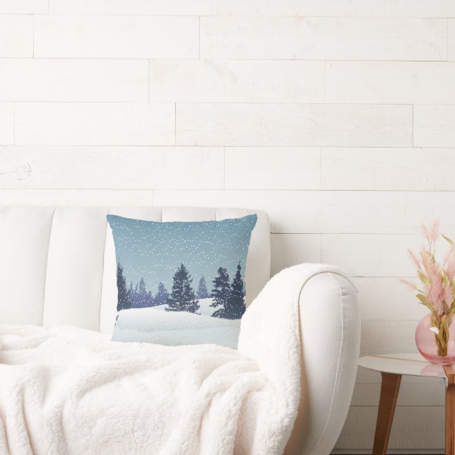 Blue Christmas Snowy Landscape Throw Pillow (Couch)