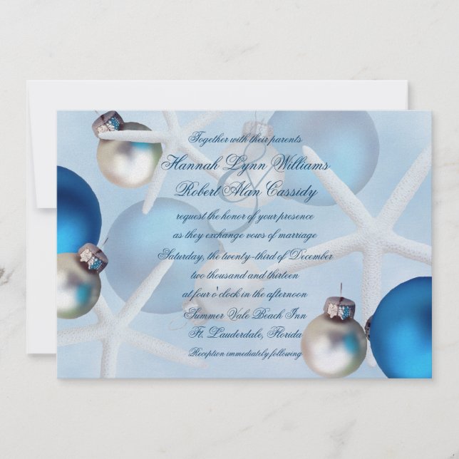 Blue Christmas Starfish Beach Wedding Invitation (Front)