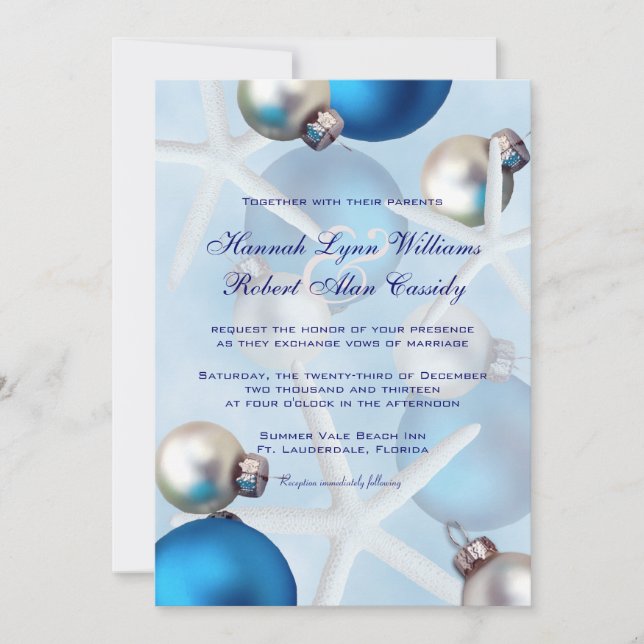 Blue Christmas Starfish Tropical Wedding Invite (Front)