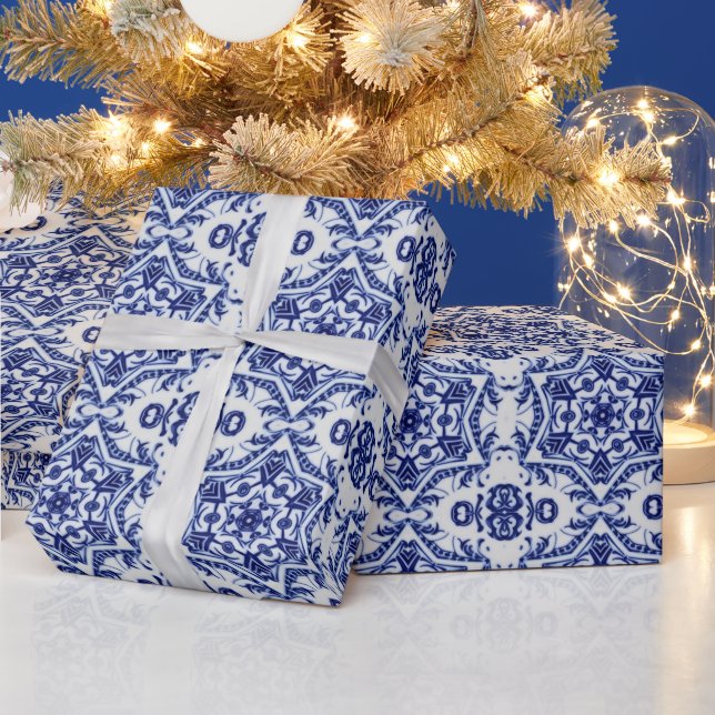 Blue Christmas Stars on White China Pattern Wrapping Paper (Holidays)