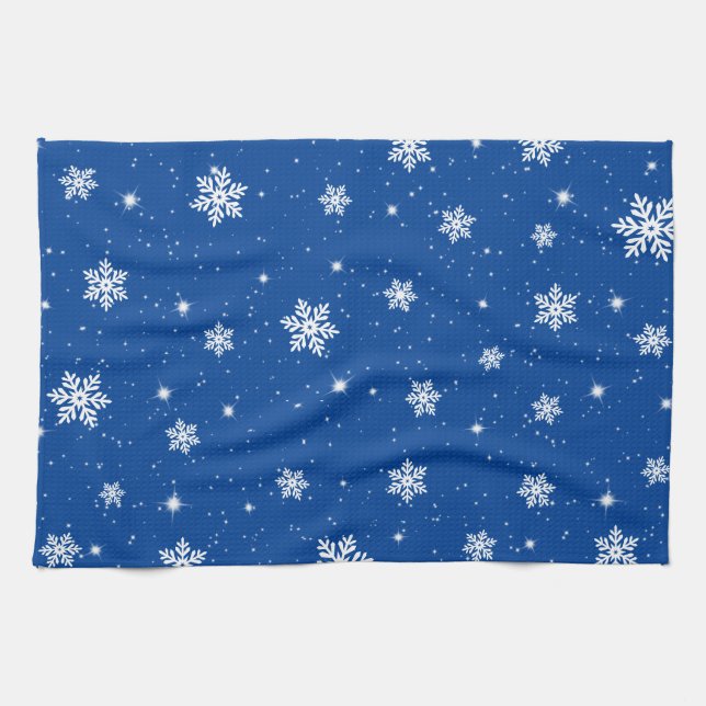 Blue Christmas Stars Snowflakes Pattern Tea Towel (Horizontal)