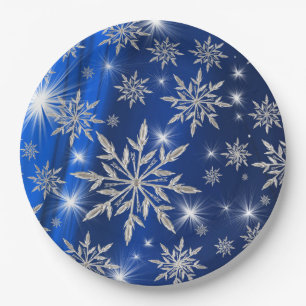 Blue Christmas stars with white ice crystal Paper Plate