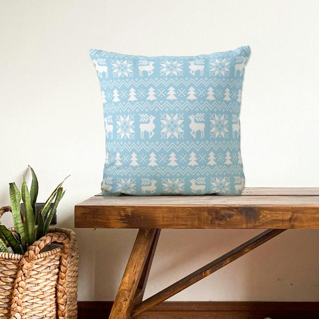 Blue Christmas Sweater Reindeer Poinsettias Design Cushion (Creator Uploaded)