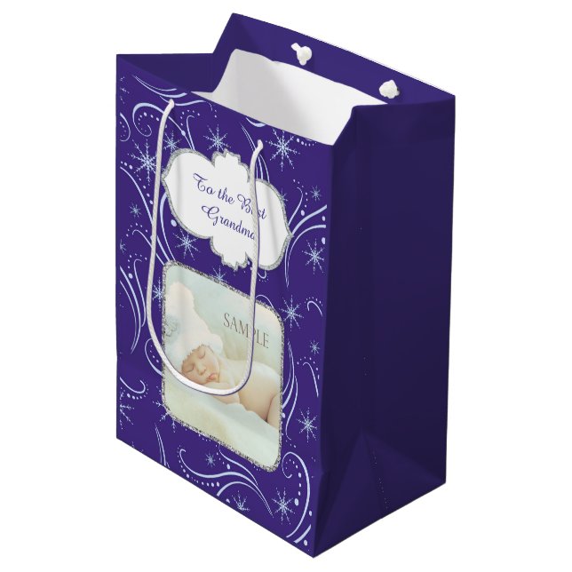 Blue Christmas Swirl Grandparent Photo Template Medium Gift Bag (Front Angled)